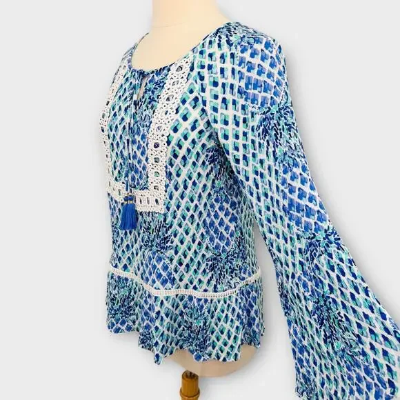 Lilly Pulitzer Amisa Tunic Top Bell Sleeve Crochet Trim Boho Flowy Top Small - Picture 9 of 11